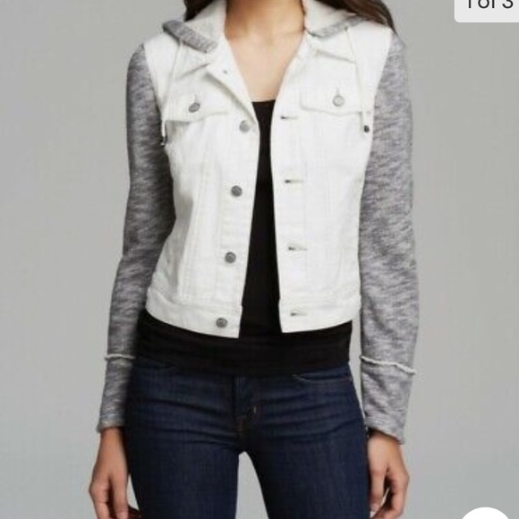 Free People Rugged Distressed White Denim Jean Jacket Grey Knit Hood